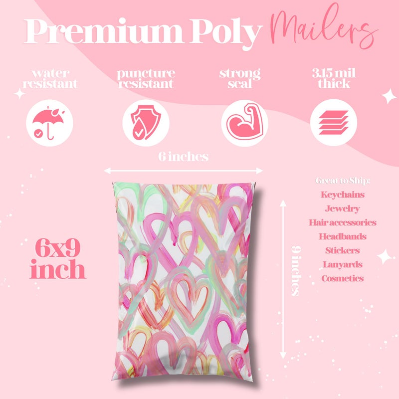 Pretty Package Store 6x9 Designer Poly Mailer 100 Pack Heavy Duty Waterproof Self Seal Shipping Bags for Small Business Large Mailing Envelopes Bulk Tear Resistant Cute Packaging Happy Hearts - Image 3
